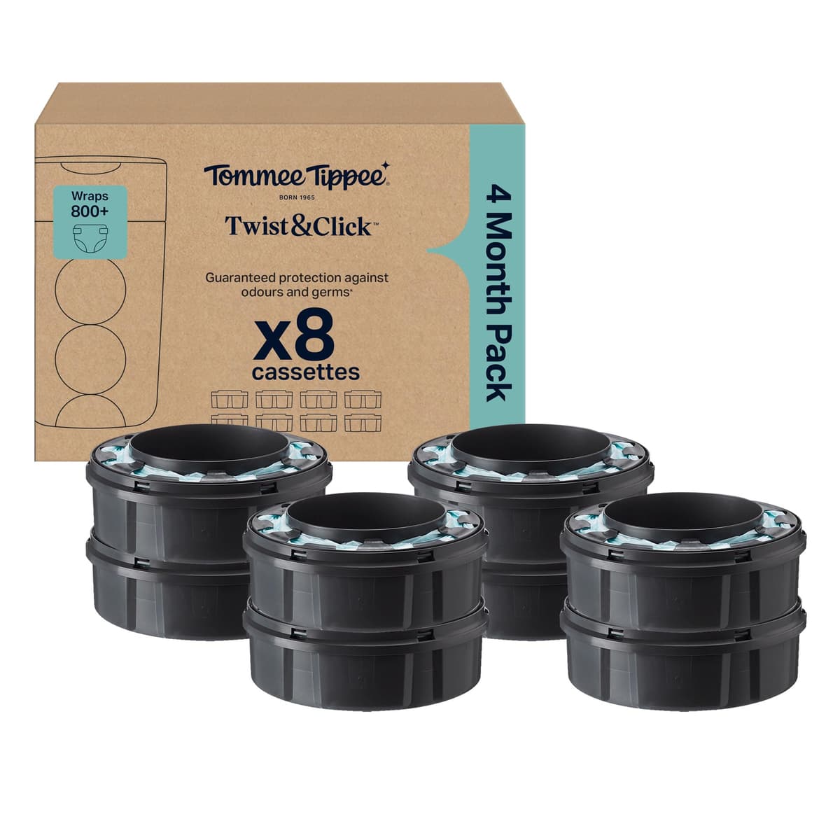 Tommee Tippee Twist and Click Advanced Nappy Bin Original Refill Cassettes, Exclusive Pack of 8, 10.5 metres each, for Easy refill and Great value, 8 X 10.5m (pack may vary).