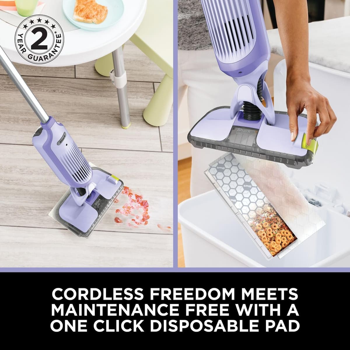 Shark VacMop 2-in-1 Cordless Hard Floor Vacuum Spray Mop, 6x Disposable Pad Refills, 355ml Multi-Surface Floor Cleaner, Lightweight 1.5kg, Maintenance-Free Disposable Pads, Lavender, VM200UKPL — view 3