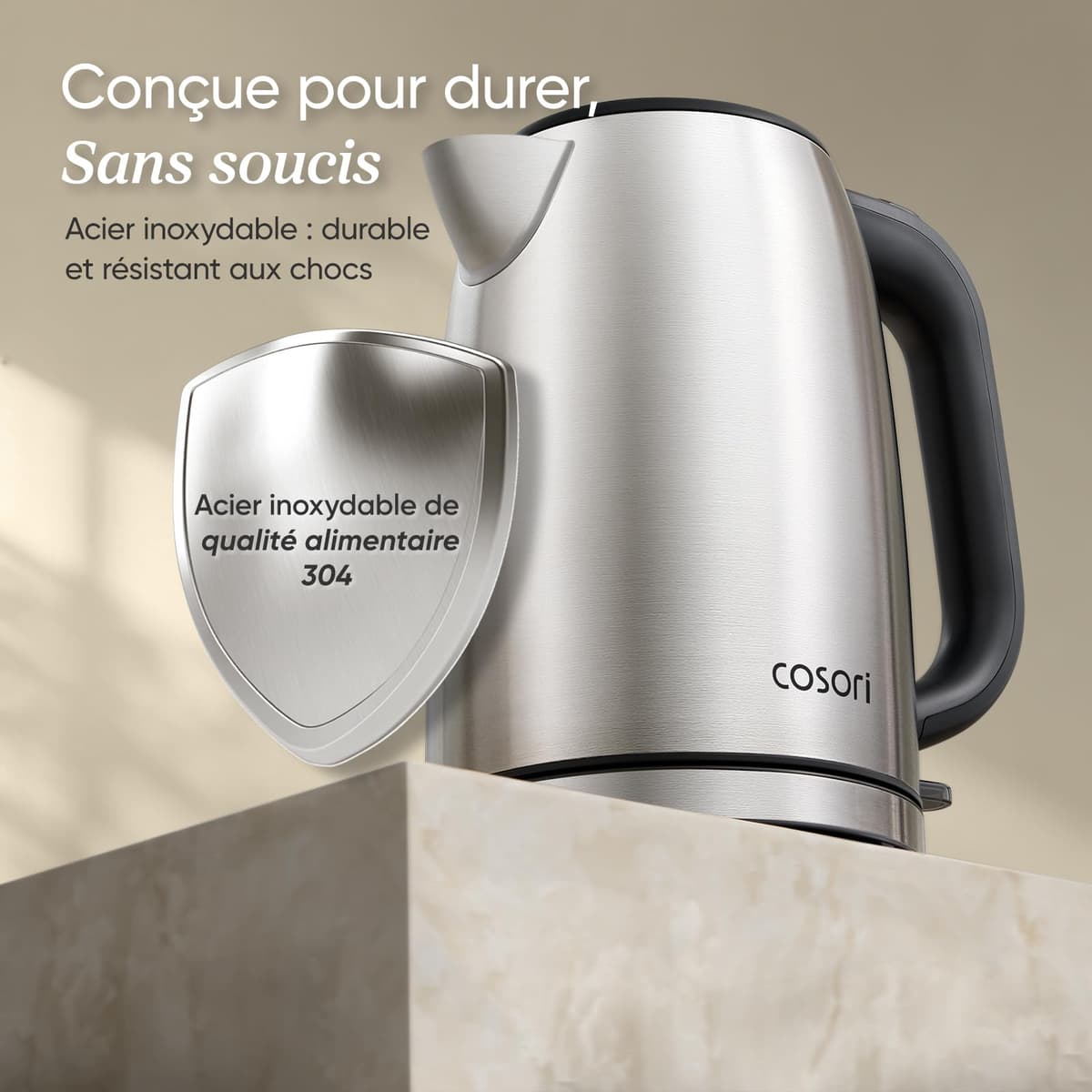 COSORI Hervidor de Agua Eléctrico 1,7L Acero Inoxidable 304, 2200W, Sin Plástico en Contacto con el Agua, Sin BPA, Ebullición Rápida, Termostato Strix, Base 360°, Apagado Automático, Negro/Plata — view 4