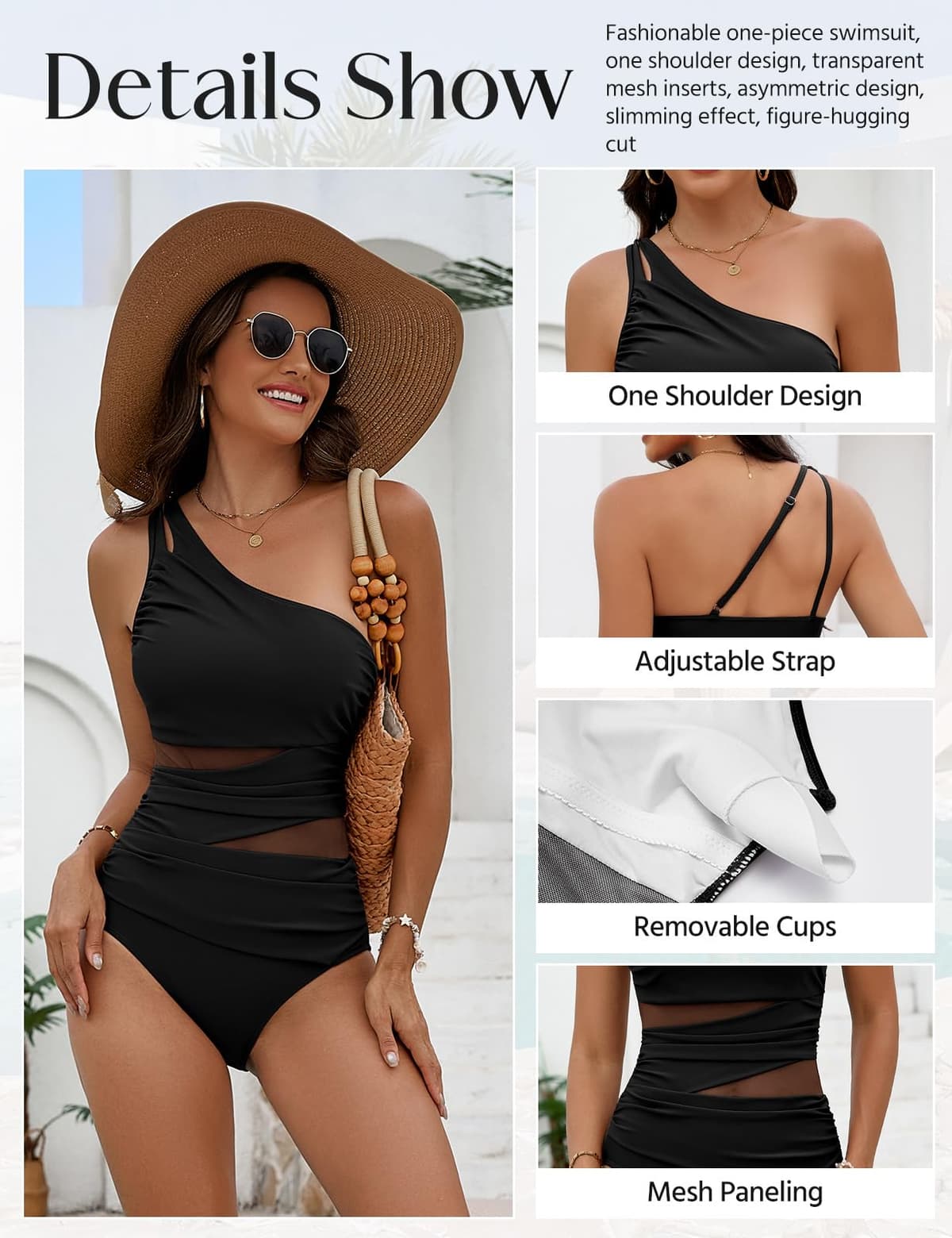 Svanco Bañador de Mujer Reductor Barriga Vientre Plano, Traje de Baño Sexy Push Up con Relleno, Diseño de Un Hombro con Paneles de Malla, Ideal para Playa y Natación — view 5