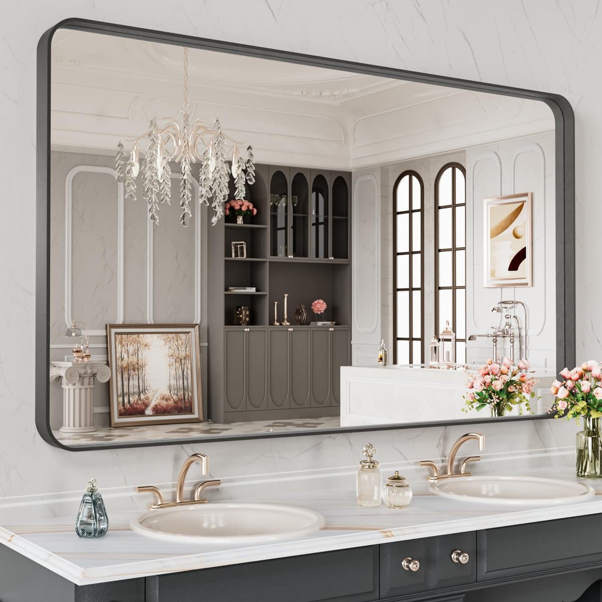 LOAAO 48”X36” Gold Bathroom Mirror, Rounded Rectangle Gold Frame Mirror, Brushed Gold Bathroom Vanity Mirror Wall-Mounted, Anti-Rust, Tempered Glass, Hangs Horizontally or Vertically — view 84