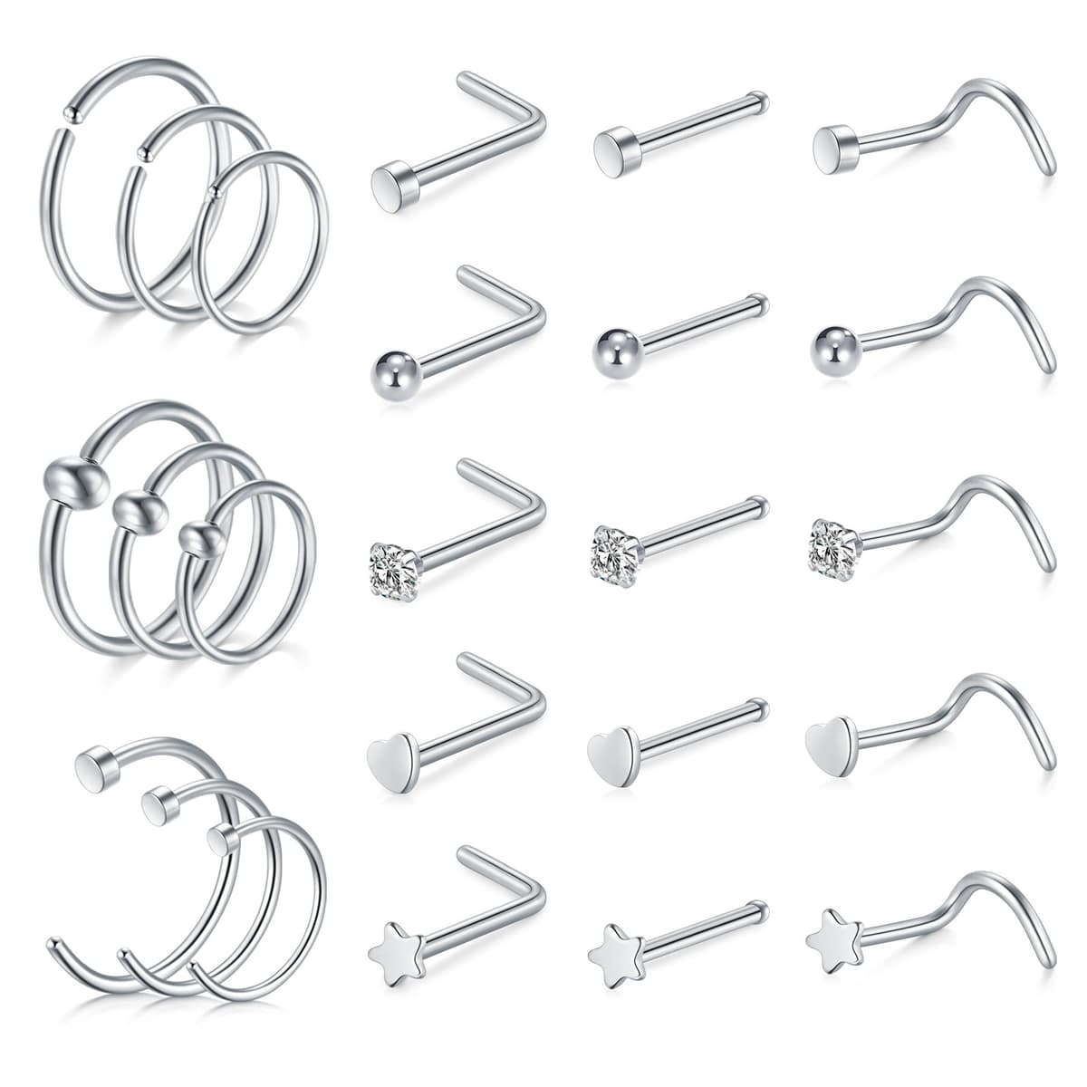 AVYRING Nose Rings Hypoallergenic Stainless Steel L-Shaped Nose Stud Screws with Cubic Zirconia Nose Piercing Jewellery 22G 20G 18G, Pack of 18 Pieces or 24 Pieces — view 16