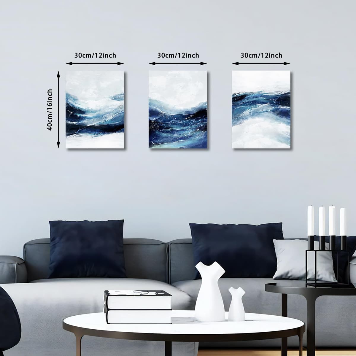FajerminArt 3Pcs Dark Blue Modern Living Room Painting Framed Abstract Blue White Canvas Wall Art Pictures Printing Canvas Artwork Wall Decor for Bedroom Bathroom Office Ready to Hang 30x40cmx3 Pcs — view 2