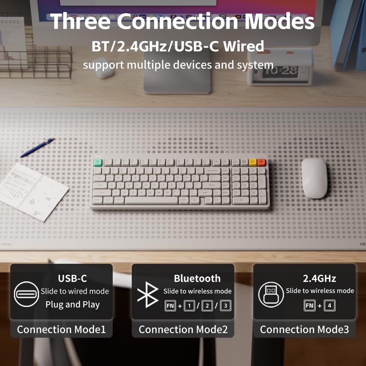 NuPhy Node100 Wireless Mechanical Keyboard, Hot Swappable Custom Low Profile Keyboard, 103 Keys Computer Gaming Keyboards, Supports Touch Gestures, PBT Keycaps, RGB Backlit, Bluetooth/2.4GHz/USB-C — view 3