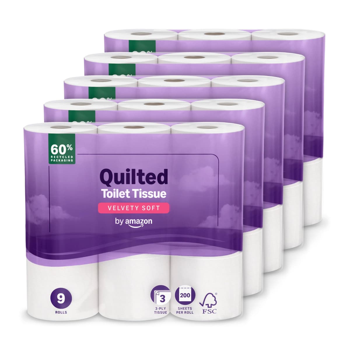 by Amazon Toilet Roll, 3-ply Quilted, Velvety Soft, 45 Rolls (5 Packs of 9), 200 Sheets per Roll, FSC Certified Standard 200 sheet (Pack of 45)