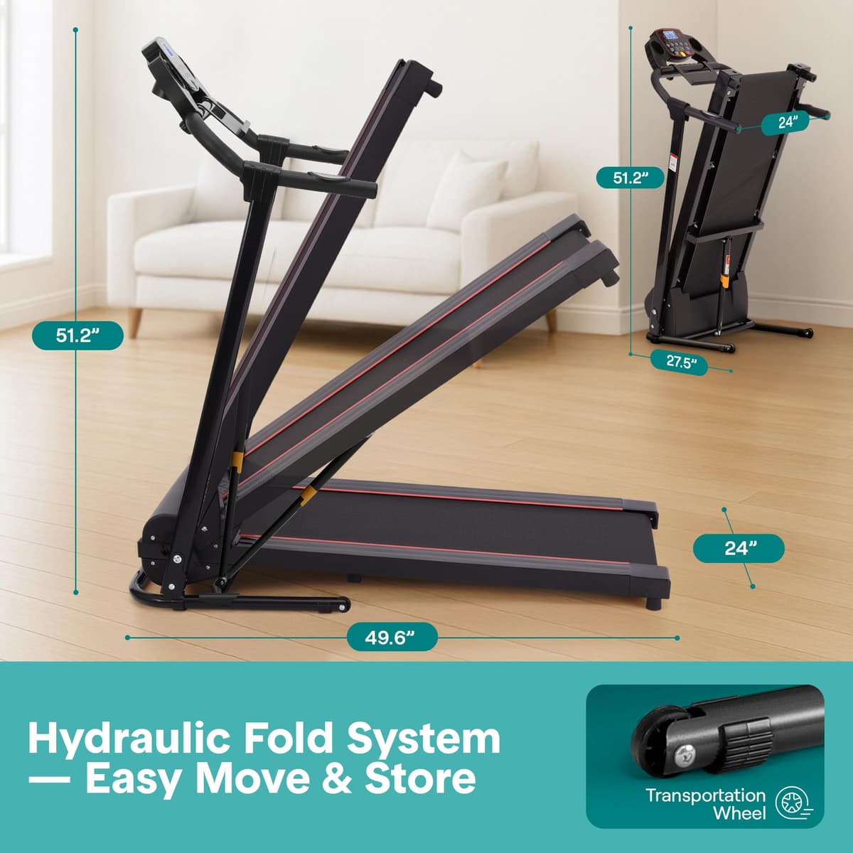 SereneLife Treadmills for Home with 13% Manual Incline Treadmill, 3.5HP - Compact Digital Portable Foldable Treadmill with Speakers, Bluetooth, App Sync, Heart Rate Monitor, for Walking, Running, Gym — view 5