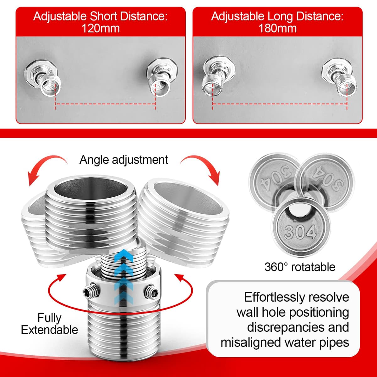 2 Piezas Adaptador Grifo Ducha en Acero Inoxidable 304,Aexcentricas Excentricas Grifo Ducha Ajustable Rotativo a 360° Adaptador de Baño Flexible en Forma S, Griferia Ducha para Baño Cocina y Lavabo — view 4