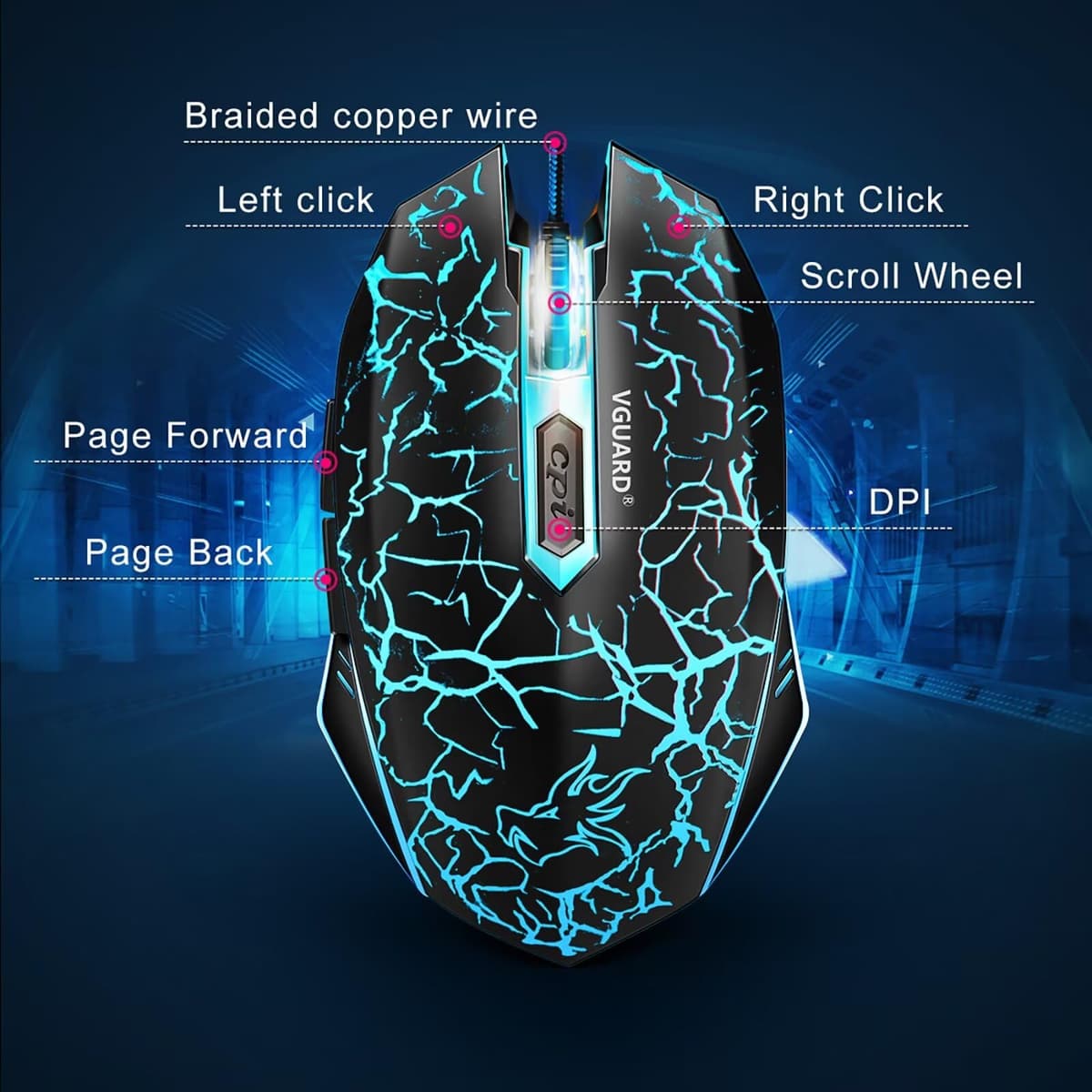 VGUARD Ratón Gaming con Cable, 4 dpi Ajustables hasta 2400, Gaming Mouse Óptico, Ratón Ergonómico Óptico RGB con 6 Botones y LED 7 Colores para PC, Portátil. (Versión Mejorada) - Negro — view 3