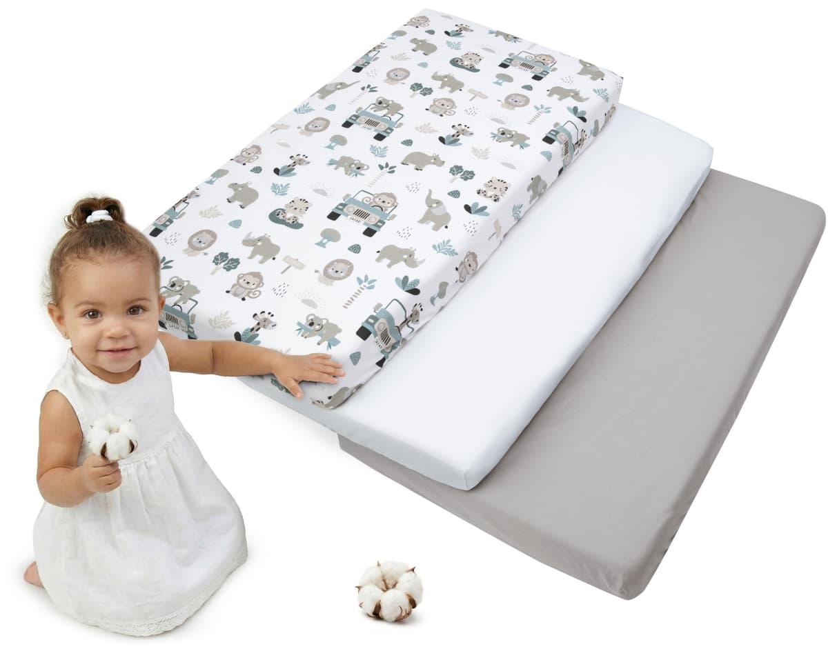 Medi Partners Sabana Bajera Cuna 60x120 Set de 3-100% Algodon Sabanas de Algodón Bebe Ropa de Cama para Bebés Dormir Cuna Fitted Bed Sheet Protector (Safari-Blanco-Gris) — view 35