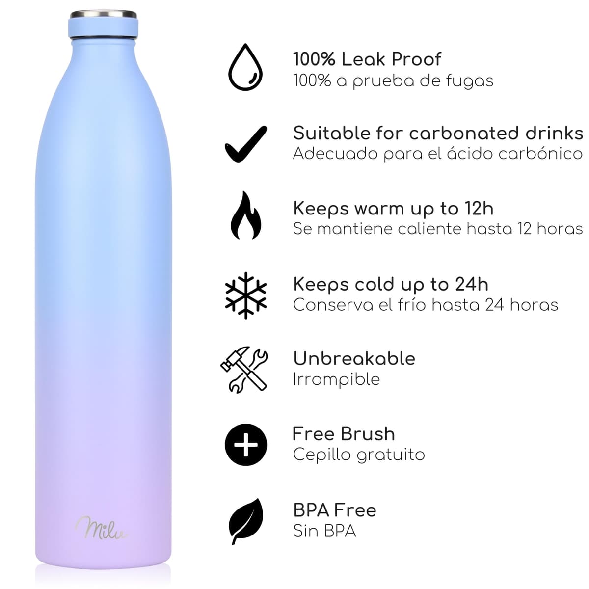Milu Botella de acero inoxidable de 350ml 500ml 750 ml 1 L 1,5 L botella de agua aislada, termo a prueba de fugas, doble pared, apta para ácido carbónico + cepillo de limpieza (Azul Violeta, 350ml) — view 72