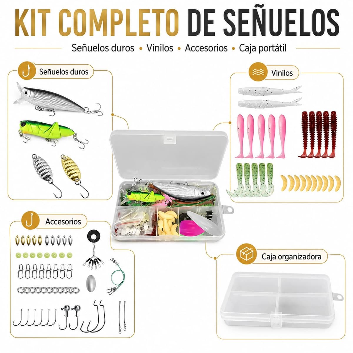 Kit de Señuelos de Pesca Spinning - Caja de Aparejos Completa con Cebos Artificiales Mixtos: Minnow, Saltamontes, Vinilos, Cucharillas y Anzuelos - Equipo de Pesca para Mar y Río (Black Ba — view 2