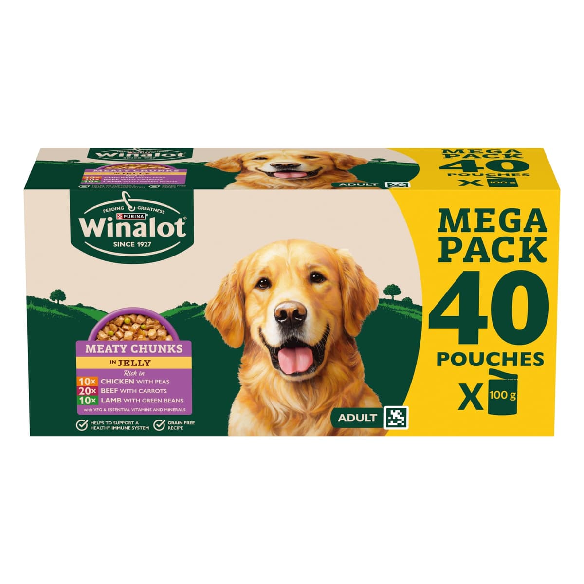 WINALOT Meaty Chunks Adult Wet Dog Food Mixed in Jelly Beef, Chicken, Lamb 40x100g Pouches Meaty Chunks Mixed in Jelly 100 g (Pack of 40)