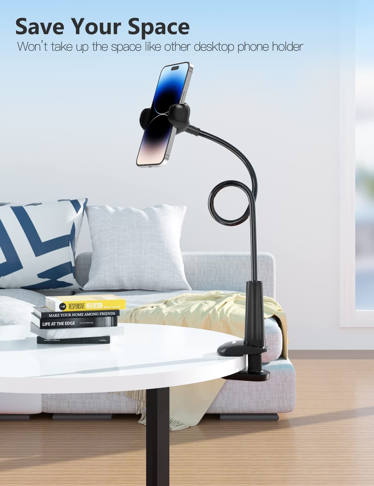 TRYONE Gooseneck Phone Holder Stand for Bed Flexible Arm Adjustable Cell Phones Mount Clamp on Desk Bedframe Compatible with iPhone 14 Pro Max 13 12 11 X SE Series/Samsung S22 or Other 4"-7" Devices — view 4