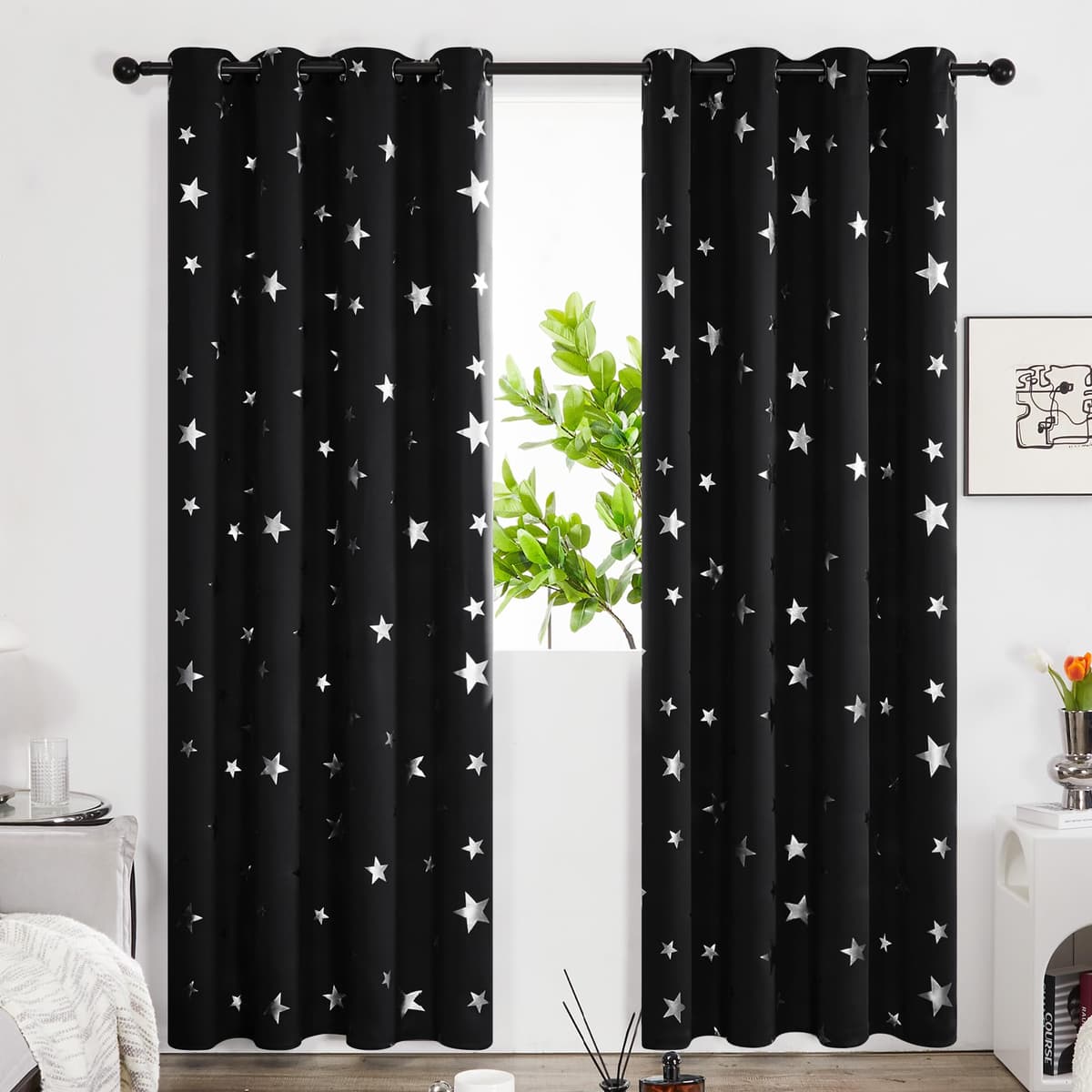 Deconovo Navy Blue Curtains for Living Room Super Soft Thermal Insulated Star Foil Printed Eyelet Blackout Curtains 46 x 54 Inch 2 Panels — view 36