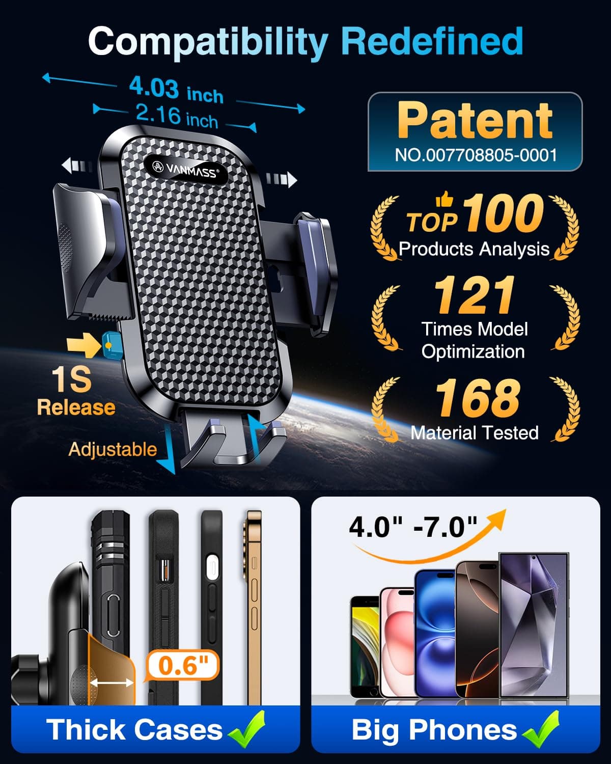 VANMASS Car Phone Holder 2026 BEST 【85+ lbs Strongest Suction & Vent Clip】 True Military-Grade Patent Universal Mobile Vehicle Mount Dashboard Windscreen Van Cradle for 17 Pro Max 16 15 14 Samsung — view 5