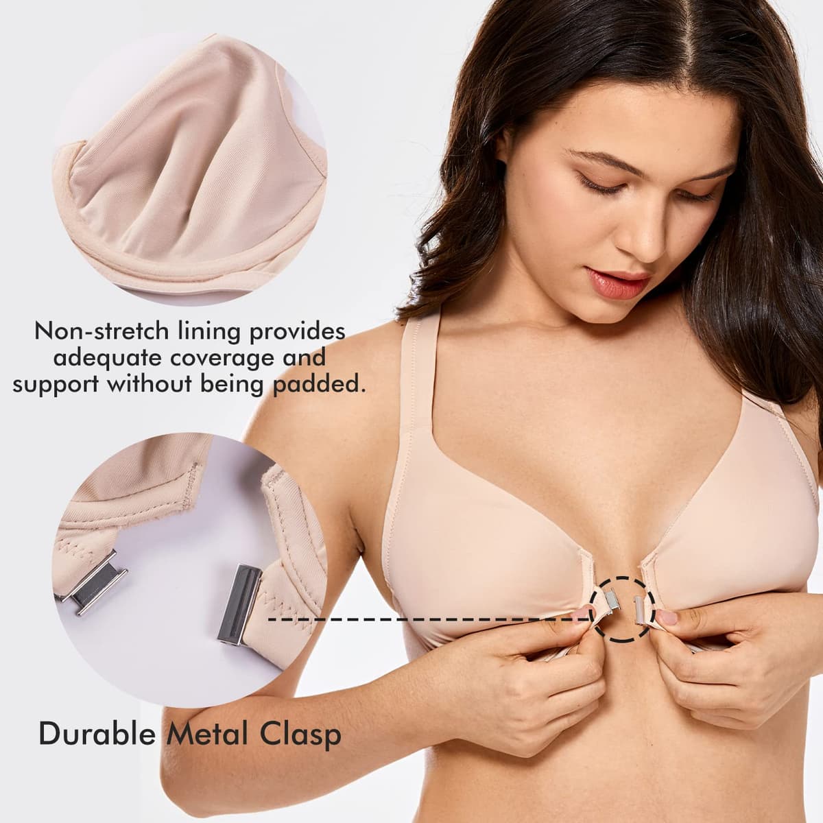 Delimira Women's Front Fastening Bras Seamless Unlined Racer Back Plus Size Underwired Plunge Bra — view 5
