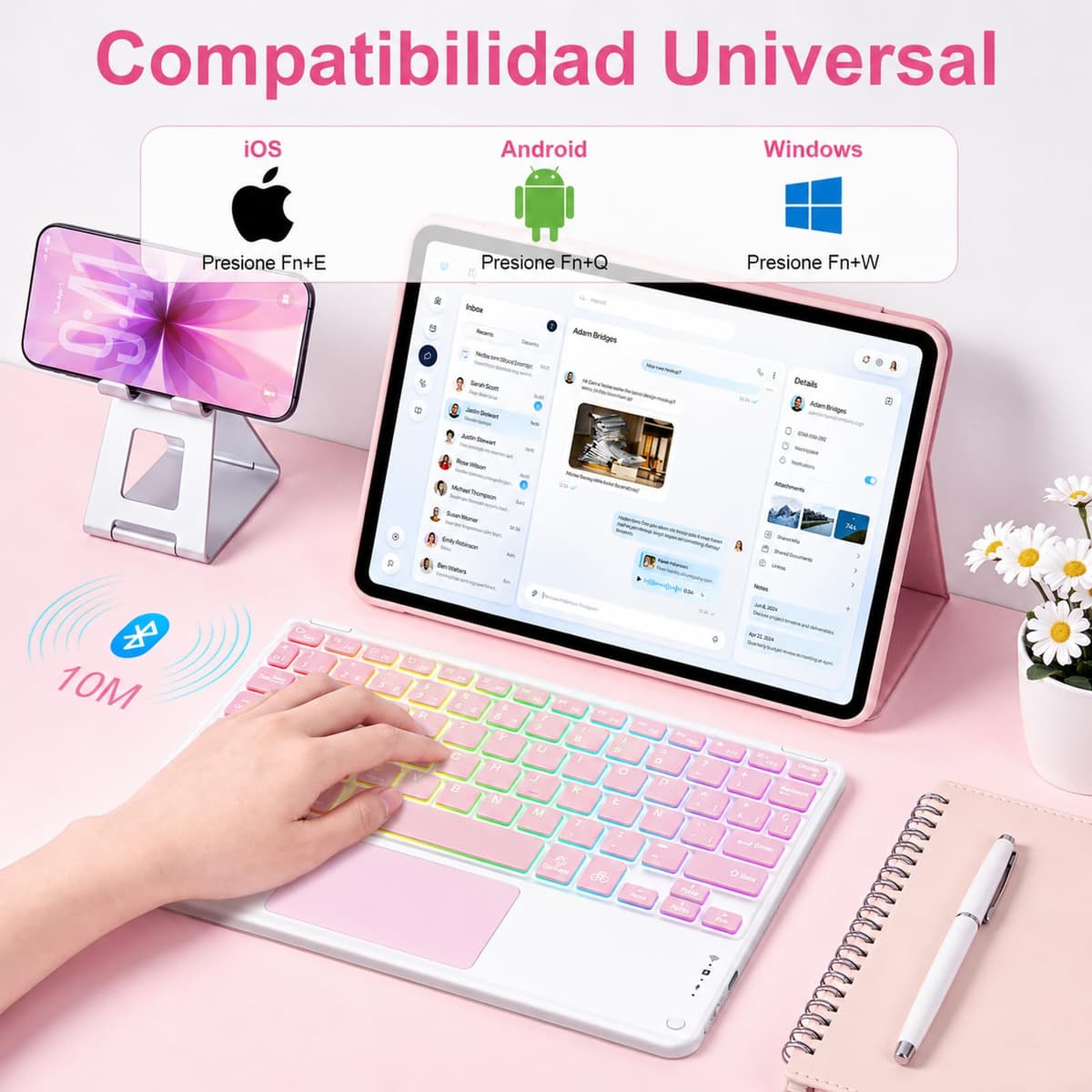 Teclado Bluetooth con Touchpad para iPad,Teclado Español Ñ Inalámbrico Retroiluminado para Tablets,Android,iOS y Windows,Teclado con 7 Colores Recargable Portátil QWERTY para iPad,Samsung,Huawei — view 2