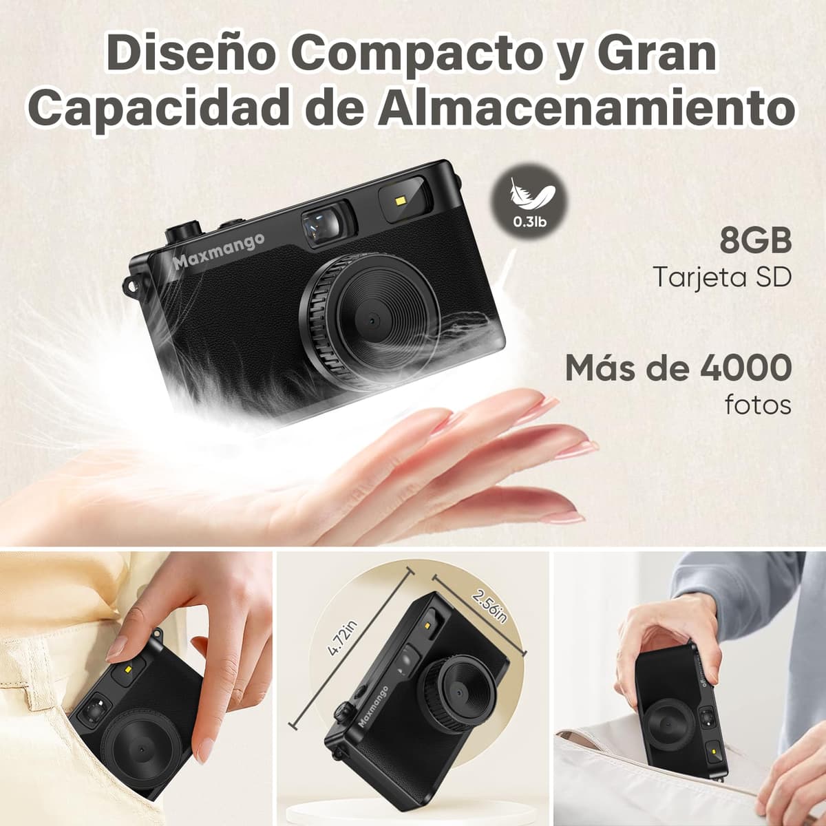 Maxmango D53 Cámara Digital de Estilo Retro sin Pantalla, 12 MP Filtros DIY, Cámara Digital compacta sin Pantalla con Tarjeta SD de 8 GB para 4000 Fotos (Negro) — view 5