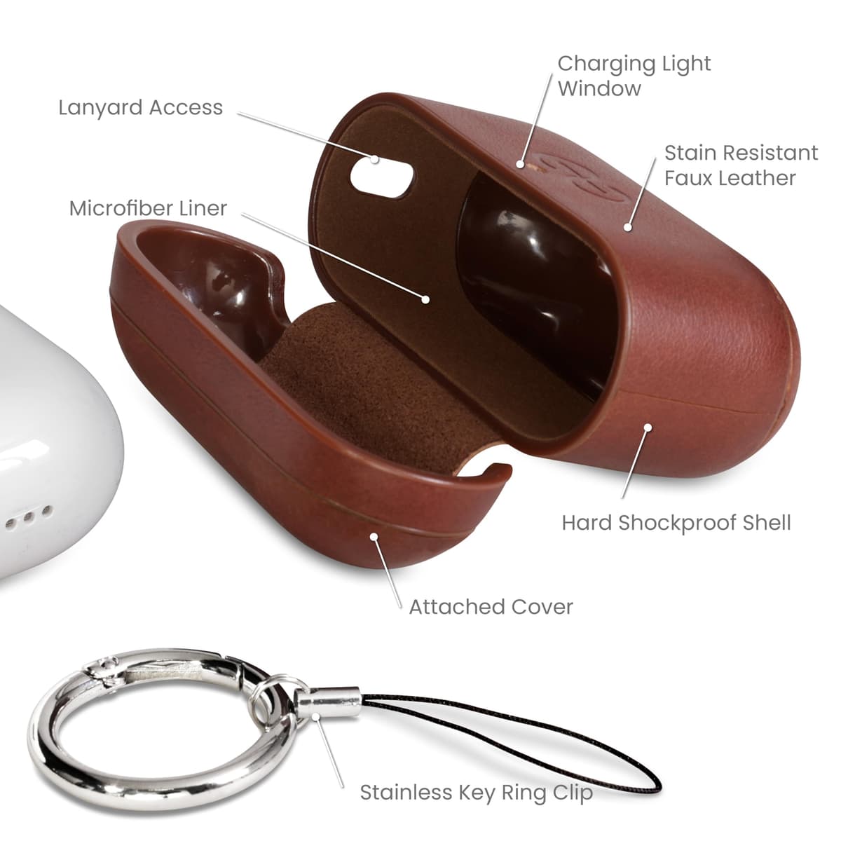 Dreem Real Leather AirPods Pro 3 Case Cover, Keychain Carabiner Clip, for Apple AirPods Pro 3 Case, Leather + Protective Hard Plastic Shell, MagSafe OK, with Reveal Motion Effect [Om:Chestnut] — view 3
