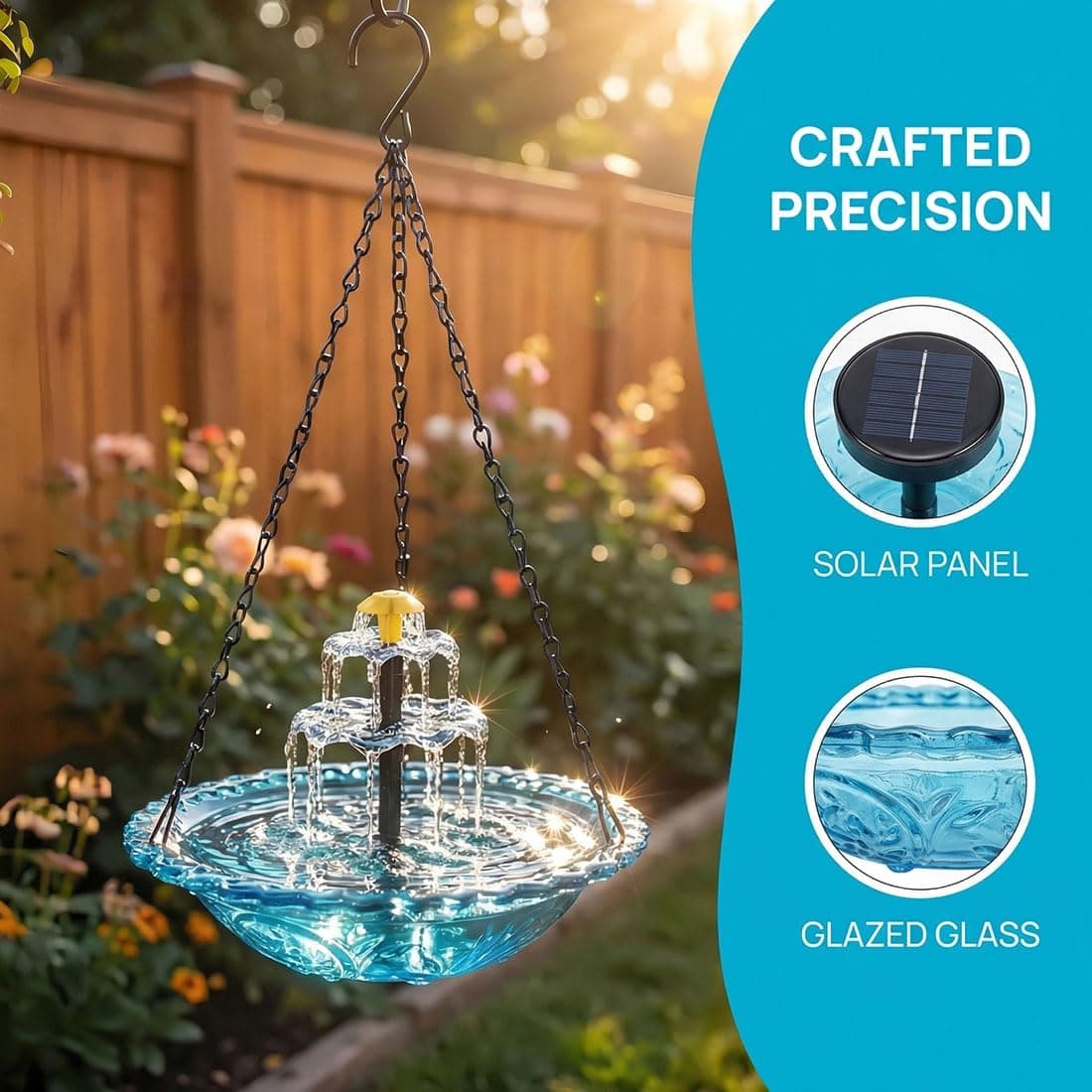 Solar Cascade Hanging Bird Bath Fountain with Glass Bowl, Outdoor Solar Powered Water Feature with Pump for Garden Patio Backyard, Attracts Hummingbirds and Wild Birds Decor (Gray) — view 3