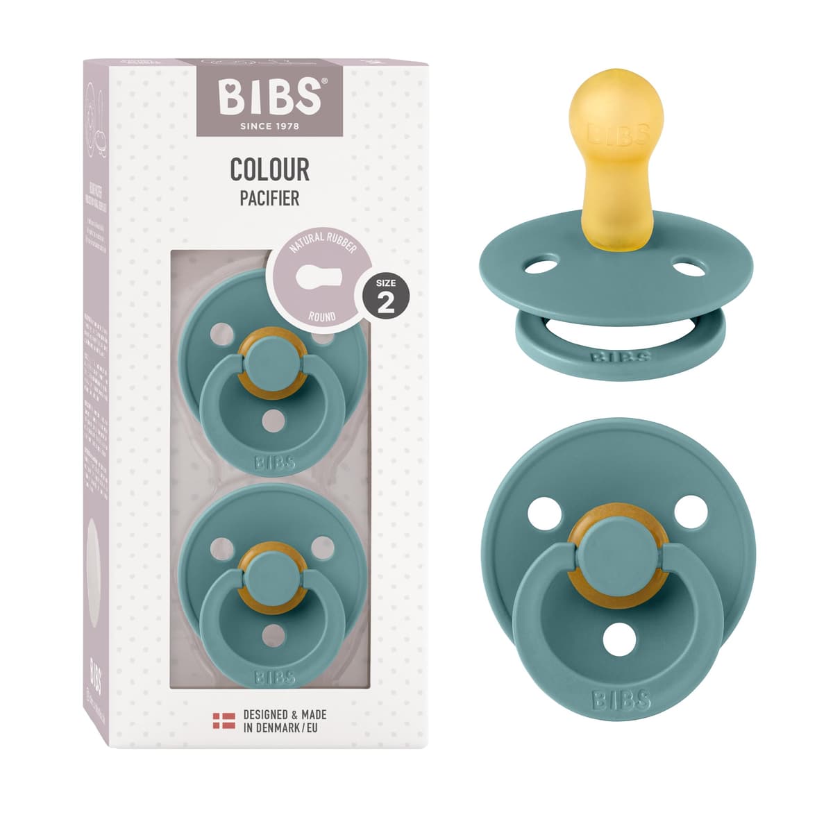 BIBS Colour Soother 2-Pack, BPA Free Dummy Pacifier, Round Nipple. Natural Rubber Latex, Size 2 (6-18 Months), Sky Blue/Steel Blue — view 145