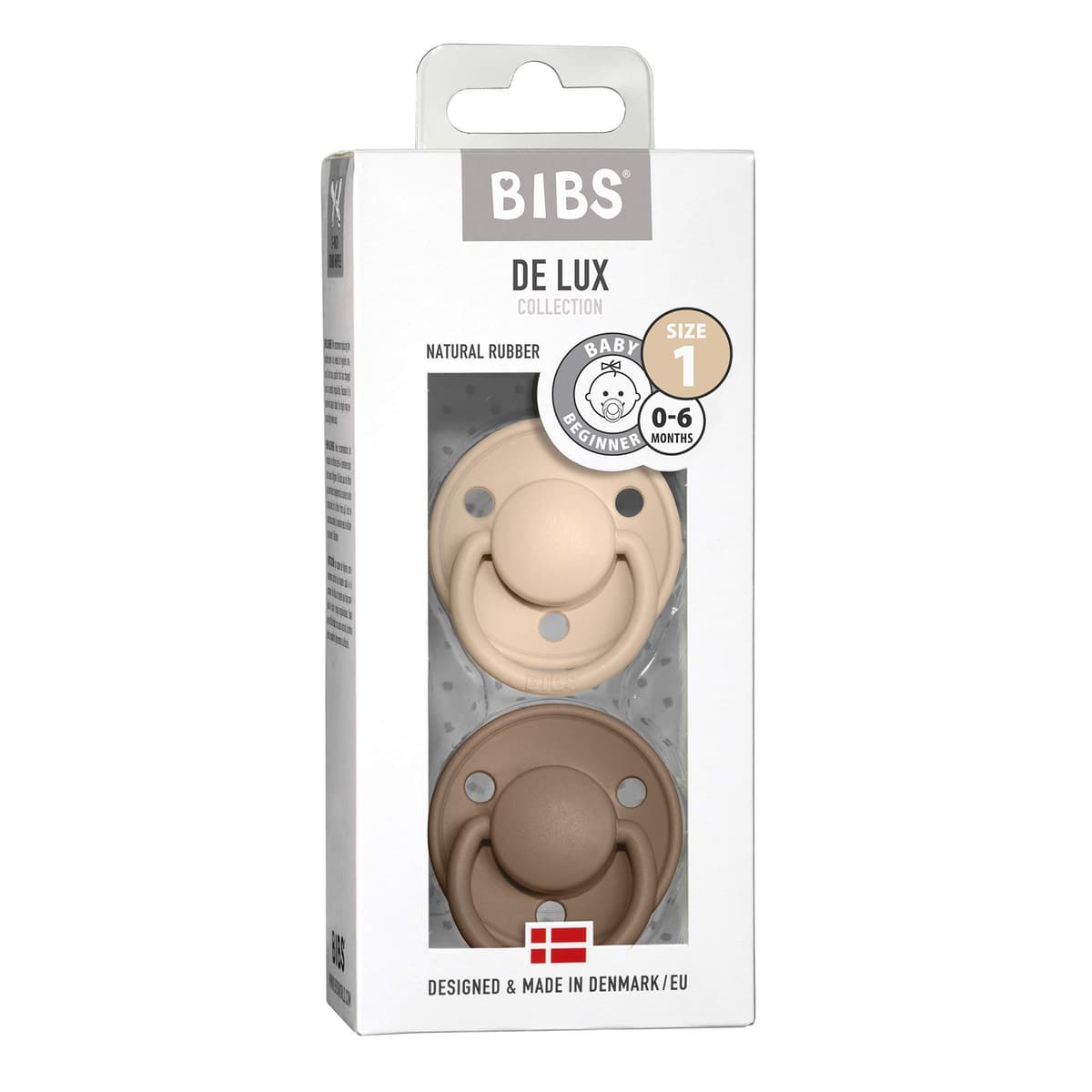 BIBS De Lux Dummies 2-Pack, BPA Free Dummy Pacifier, Round Nipple. Natural Rubber Latex, Size 1 (0-6 Months), Vanilla/Dark Oak — view 3