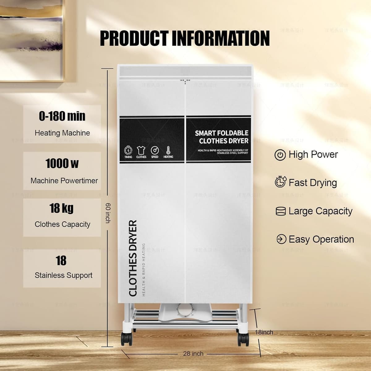 Clothes Dryer, Portable Drying Machine with Timer, 60inch Laundry Drying Wardrobe with Large Capacity, Electric Dryer/Rack for Home | Appartments (Grey LQ5) — view 4