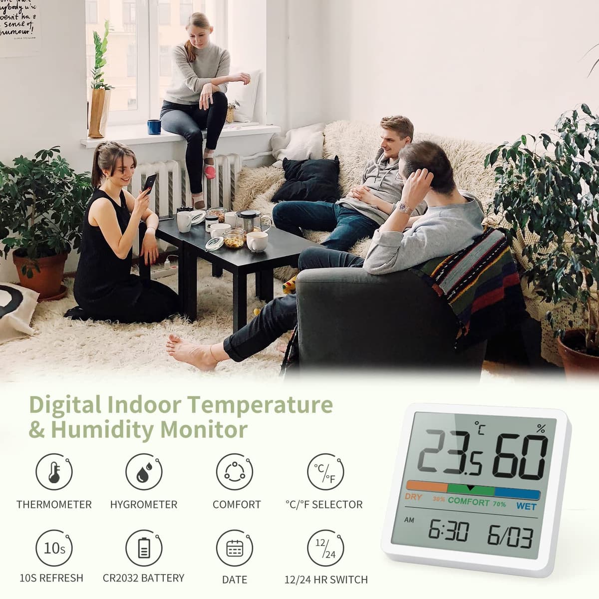 NOKLEAD Hygrometer Indoor Thermometer, Desktop Digital Thermometer with Temperature and Humidity Monitor, Accurate Humidity Gauge Room Thermometer with Clock (White) — view 3