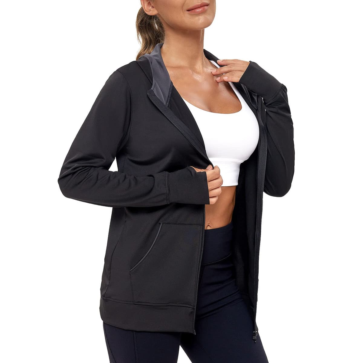 AMZSPORT Chaqueta Deportiva Mujer, Sudadera Capucha Running Cremallera con Bolsillos — view 4