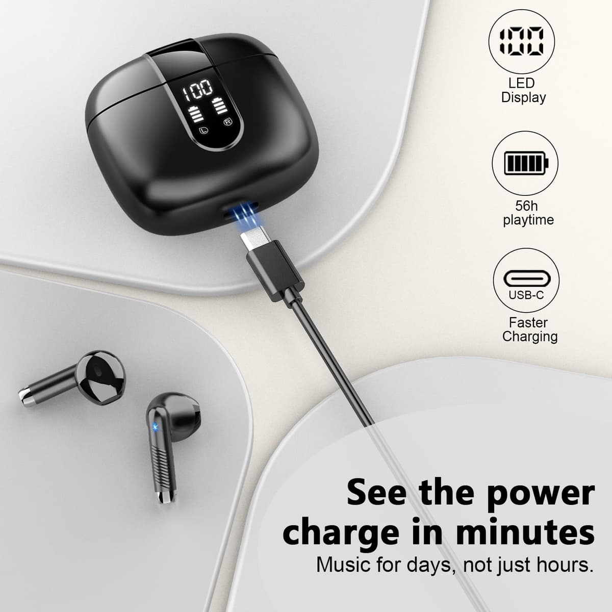 Auriculares Inalámbricos Bluetooth, Auriculares Bluetooth 5.4 HiFi Estéreo, 56H Cascos Inalambricos Bluetooth con ENC Reducción de Ruido, Pantalla LED, USB-C, Control Táctil, IP7 Impermeable Audifonos — view 5