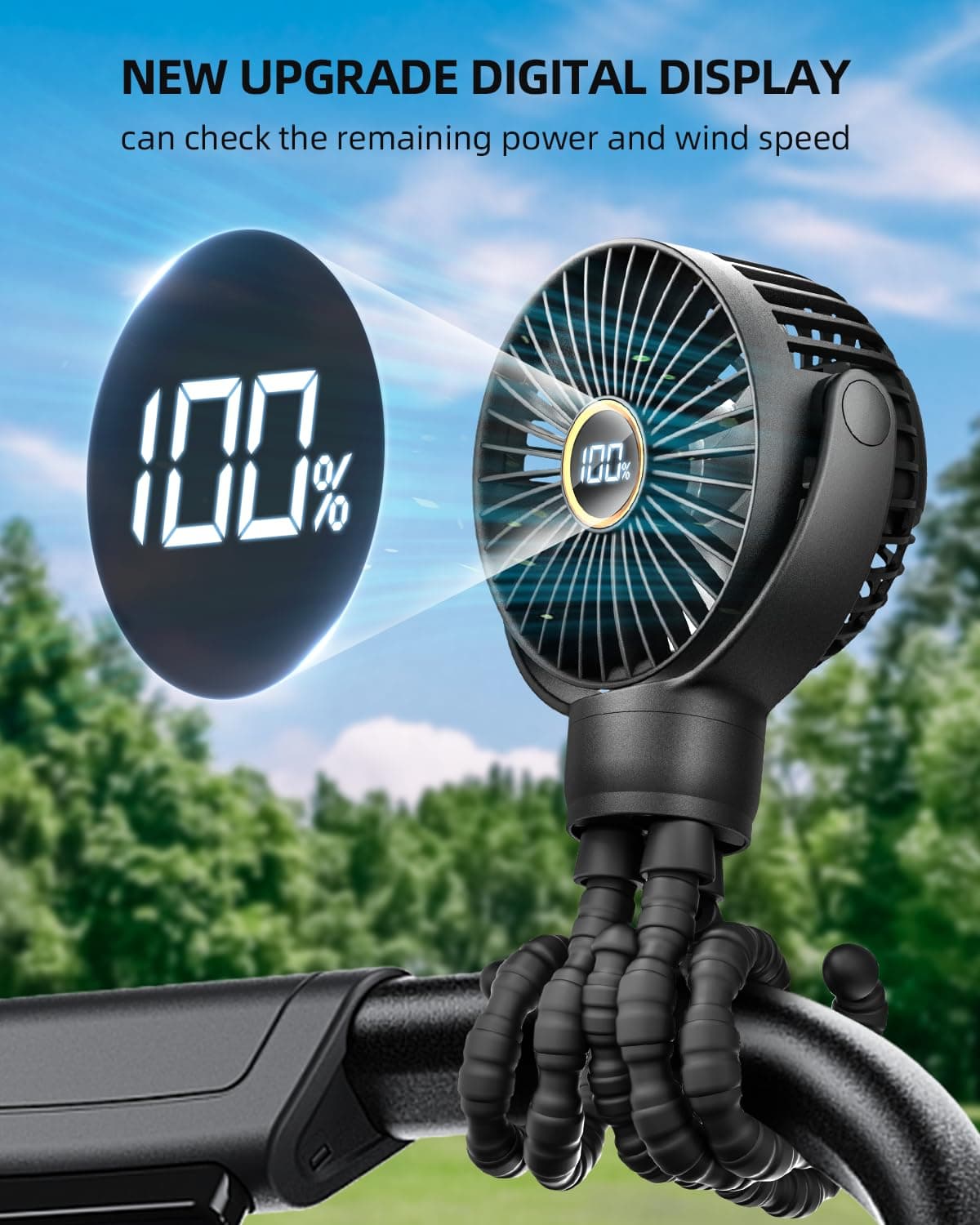 KIDEE Portable Pram Fan, Small Rechargeable Clip On Fan with Digital Display, 2000mAh, 3 Speeds 360° Rotate Mini Cooling Fan for Stroller, Buggy, Car Seat, Crib & Travel — view 2