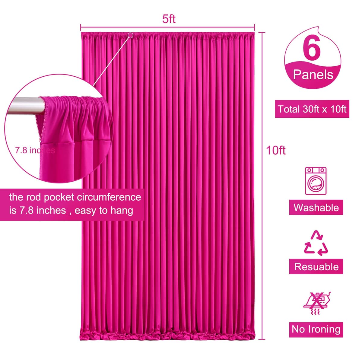 Suppromo 6 Panels Hot Pink Backdrop Curtain for Parties Fuchsia Wrinkle Free 30ft x 10ft Backdrop Drapes Panels for Baby Shower Birthday Photo Photography Fabric Background Decoration — view 5