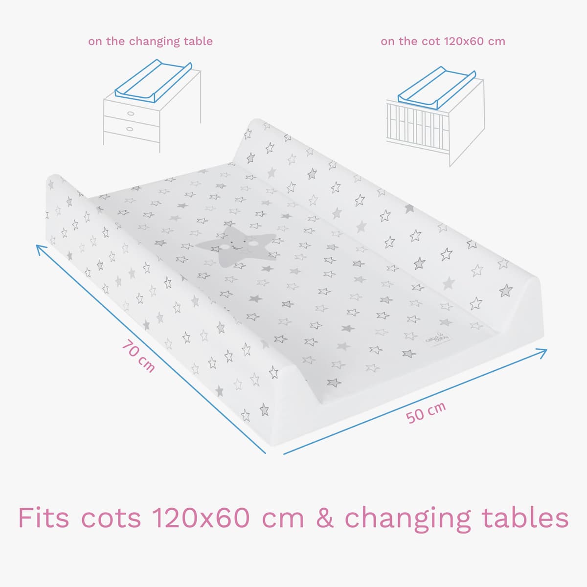 Baby Hard Base Changing Mat/Top Changer 70x50 cm fits 120x60 cm Cot Unisex Wedge Anti Roll Nappy Newborn Baby Waterproof Changing Mat with Raised Edges (Stars Grey) — view 4