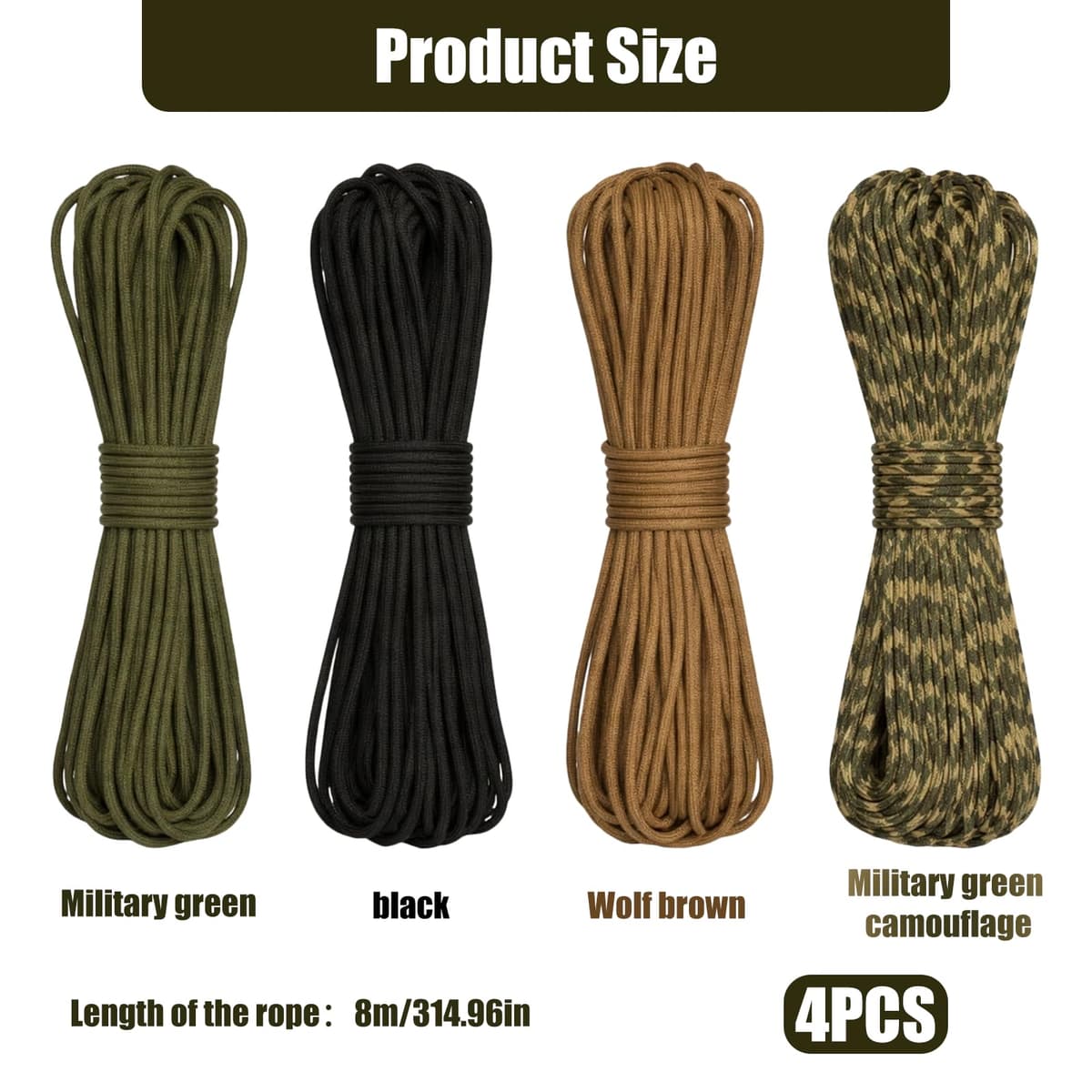 4 Piezas 8 Metros Paracord Cuerda de Nailon Paracaídas Diámetro 4mm, Cuerda Resistente con 7 Hilos de Nylon 100%, Capacidad de Carga, Ideal para Camping, Escalada y Pulseras Paracord — view 2