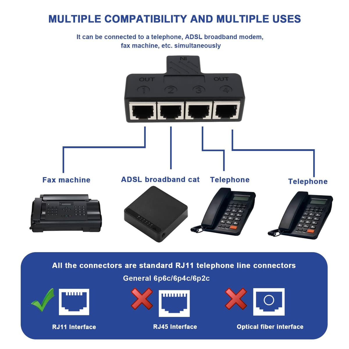 Acoplador Telefónico en Línea RJ11 Hembra A 4 Hembras 6P6C para Dispositivo de Fax Fijo (1 A 4) — view 2