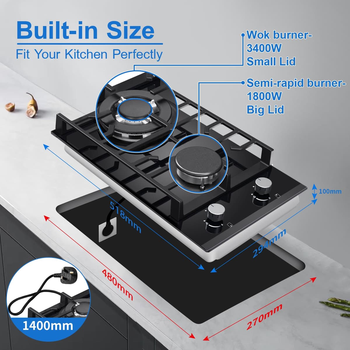 TopStrong Gas Hob 2 burners, 30cm Built in 2 Burners Gas on Glass Hob, NG/LPG Convertible, Flame Out Protection, Cast Iron Supports, 5200W — view 6