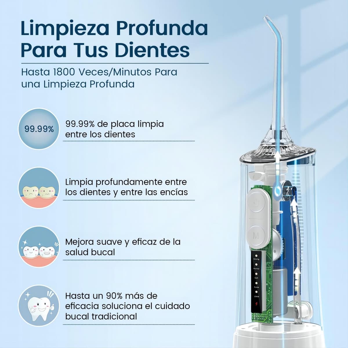 Irrigador Bucal Portatil, Vimmk Irrigador Dental Inalámbrico Profesional 8 Boquillas 5 Modos, IPX7 Impermeable 300ML USB-C Recargable Para Limpieza Dientes, Para el Hogar y los Viajes (Blanco) — view 2