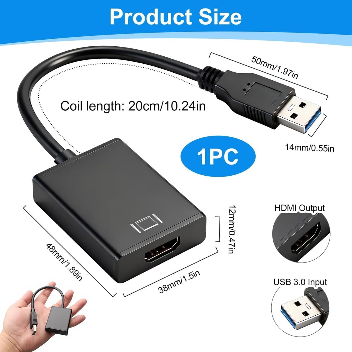 Adaptador USB a HDMI 1080P USB 3.0/2.0 Convertidor de Vídeo y Audio Alta Definición | USB a HDMI Cable para Monitor TV Proyector, Tarjeta Gráfica Externa Compatible con Windows 11 10 8 7 — view 2