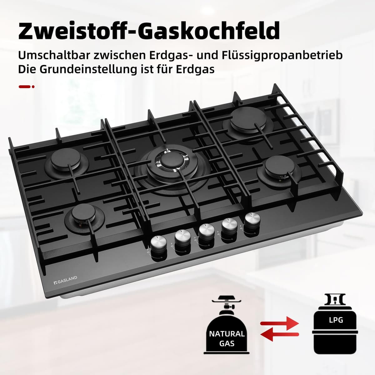 GASLAND GH2805BG1FC Placa de Cocina de Gas Butano Con Quemador Wok, 5 Fogones, Vidrio Negro, 76 cm, 10,4 KW — view 4