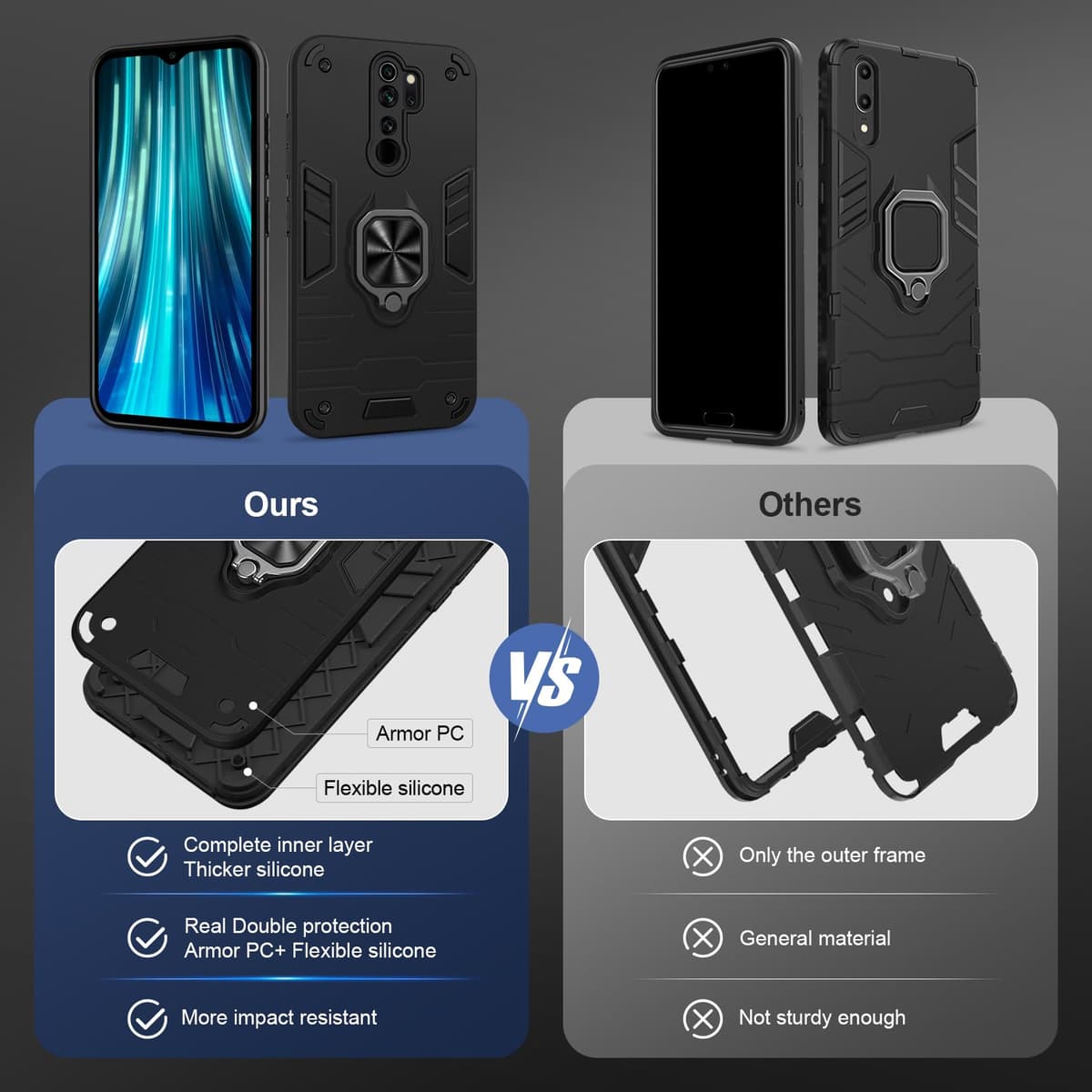 Funda para CMF Phone 2 Pro, Carcasa Antigolpes con Soporte anular metálico, Case Protectora de Grado Militar, Negro — view 740