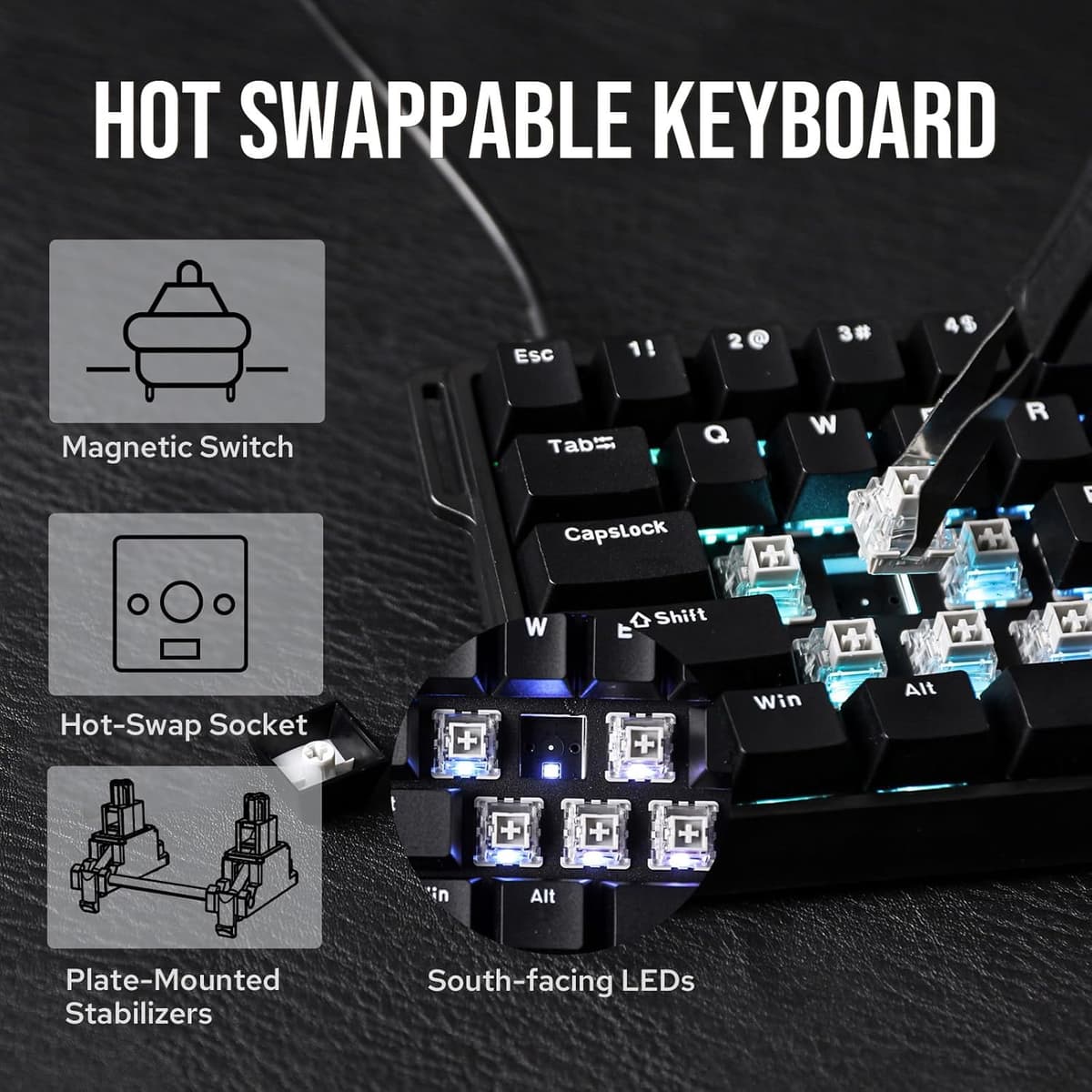 EPOMAKER AULA WIN60 HE 60% Wired Magnetic Keyboard with Adjustable Actuation, 8000 Hz Polling Rate, Hall Effect Switches, Hot-Swap, For FPS Games (Black) — view 3