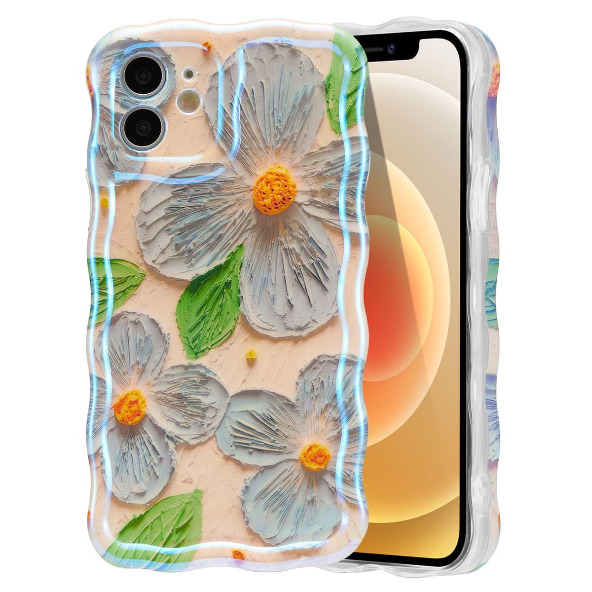 EYZUTAK Case for iPhone 16, Colorful Retro Oil Painting Printed Flower Laser Glossy Pattern Cute Curly Wave Edge Exquisite Phone Cover Stylish Durable TPU Protective Case for Girl Women-Green — view 23