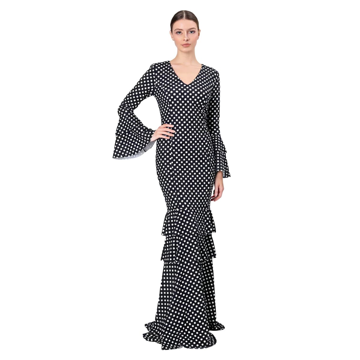 Vestido Flamenco Mujer Largo - Sevillana Adulto con Lunares y Mangas Acampanadas - Traje Andaluz Elegante para Feria y Baile