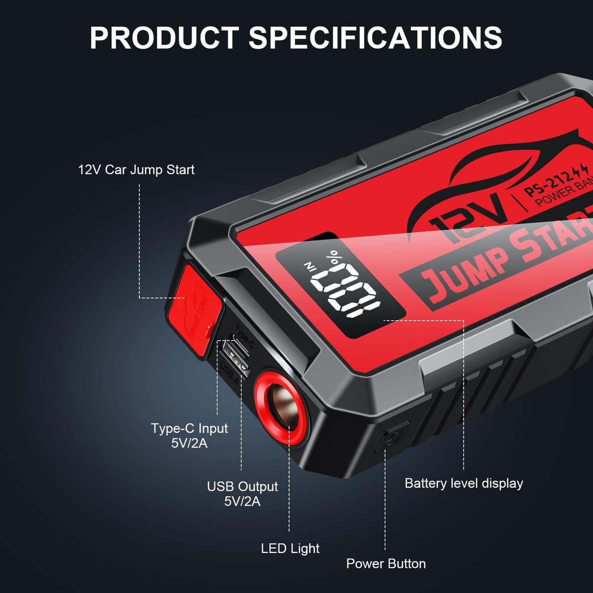 PSOOO Jump Starter 12V 8000A Power Pack Car Battery Pack (up to 10.0L Gas or 8.5L Diesel Engine) Jump Cable with Smart Clip and LED light (Red) — view 5