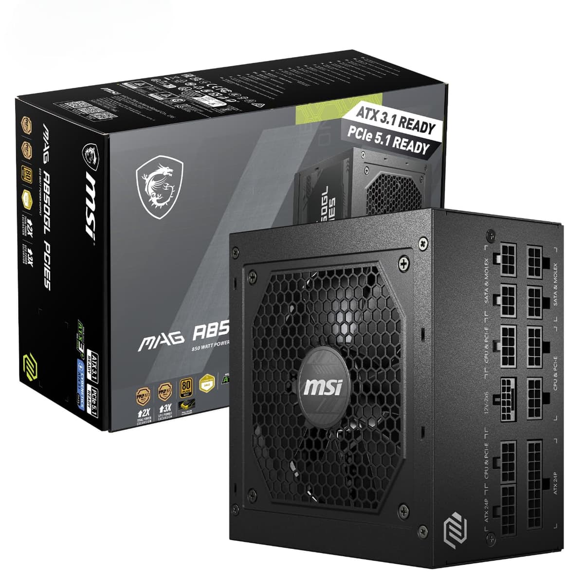 MSI MAG A750GL PCIE5 Power Supply Unit, 750W, 80 Plus Gold, Fully Modular, ATX 3.0, PCIe 5.0 GPU Support, 120mm FDB Fan, Full-Bridge LLC, Flat Black Cables - 7 Year Warranty — view 22