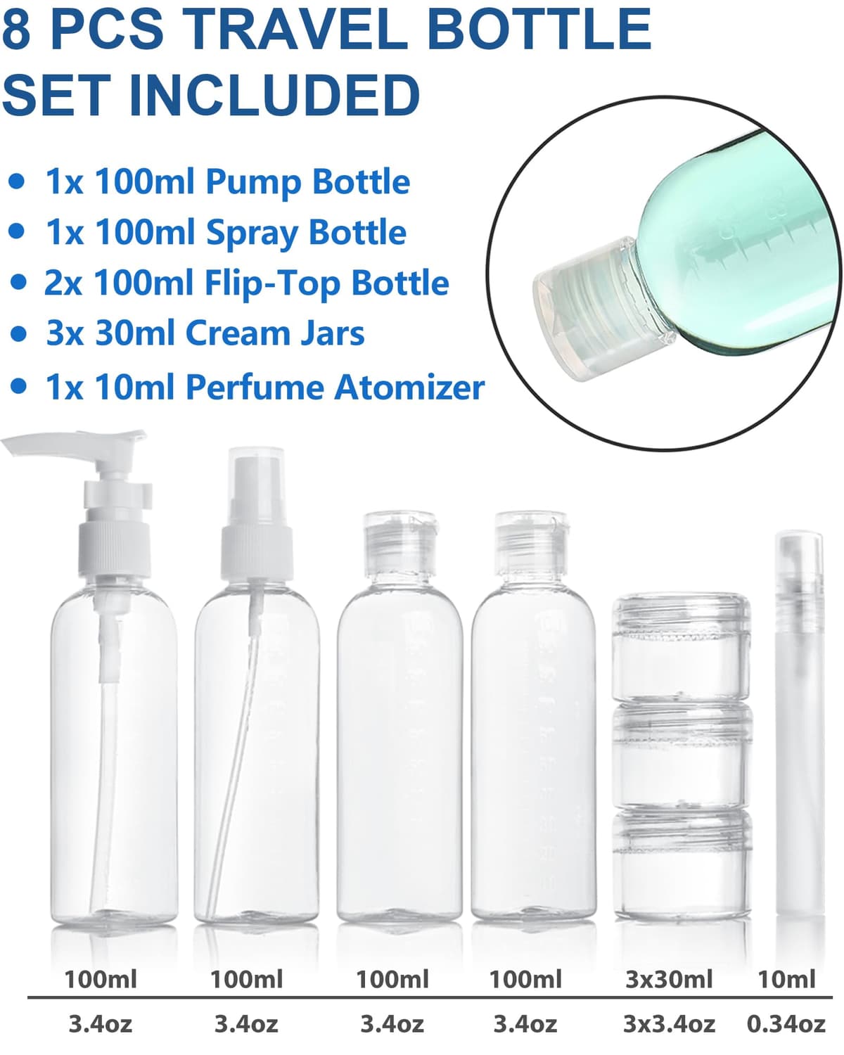 MOCOCITO Neceser Transparente con 8 Botellas de Viaje (MAX.100ml) y 1 Bolsa de Vuelo para Líquidos (20x20 CM,1L), Bolsa de Cosméticos Impermeable para Hombre y Mujer — view 3