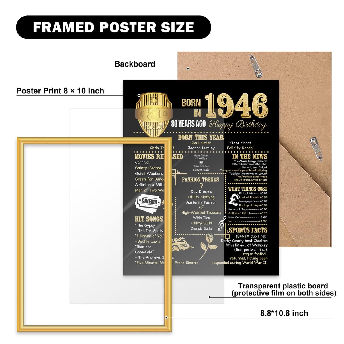 Benjia 1946 Poster Framed UK, Happy 80th Birthday Sign Card Party Decor Supplies Home Decoration Birthday Gift 80 Years Old Wedding Newspaper For Men Women (8x10 inch, Black Gold) — view 2