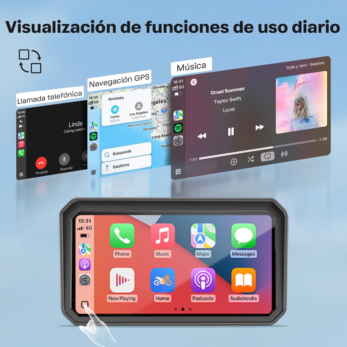 WonVon 6.25 Pulgadas CarPlay para Motocicleta Sistema de Navegación GPS con Apple CarPlay y Android Auto Pantalla Portátil con Doble Bluetooth, Navegación, Siri, Asistente de Google Soporte magnética — view 4