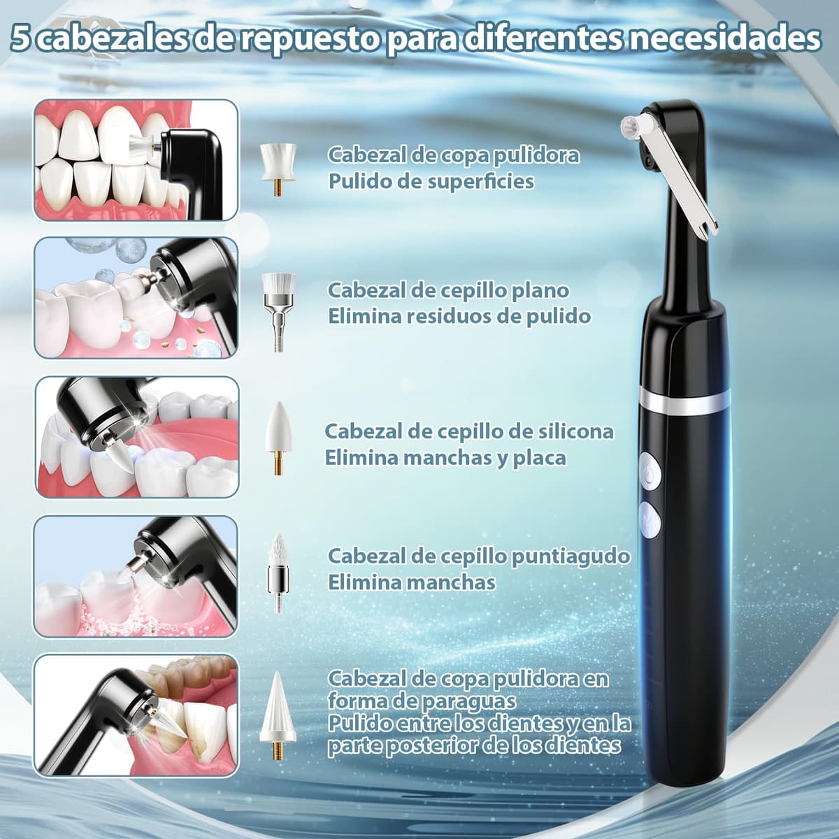 Kit Pulidor Dental Recargable para Limpieza y Blanqueamiento Dental, limpiador de sarro dental con 5 Cabezales, 5 Velocidades, Luz LED, quita sarro dental y manchas, IPX6 Resistente al Agua — view 3
