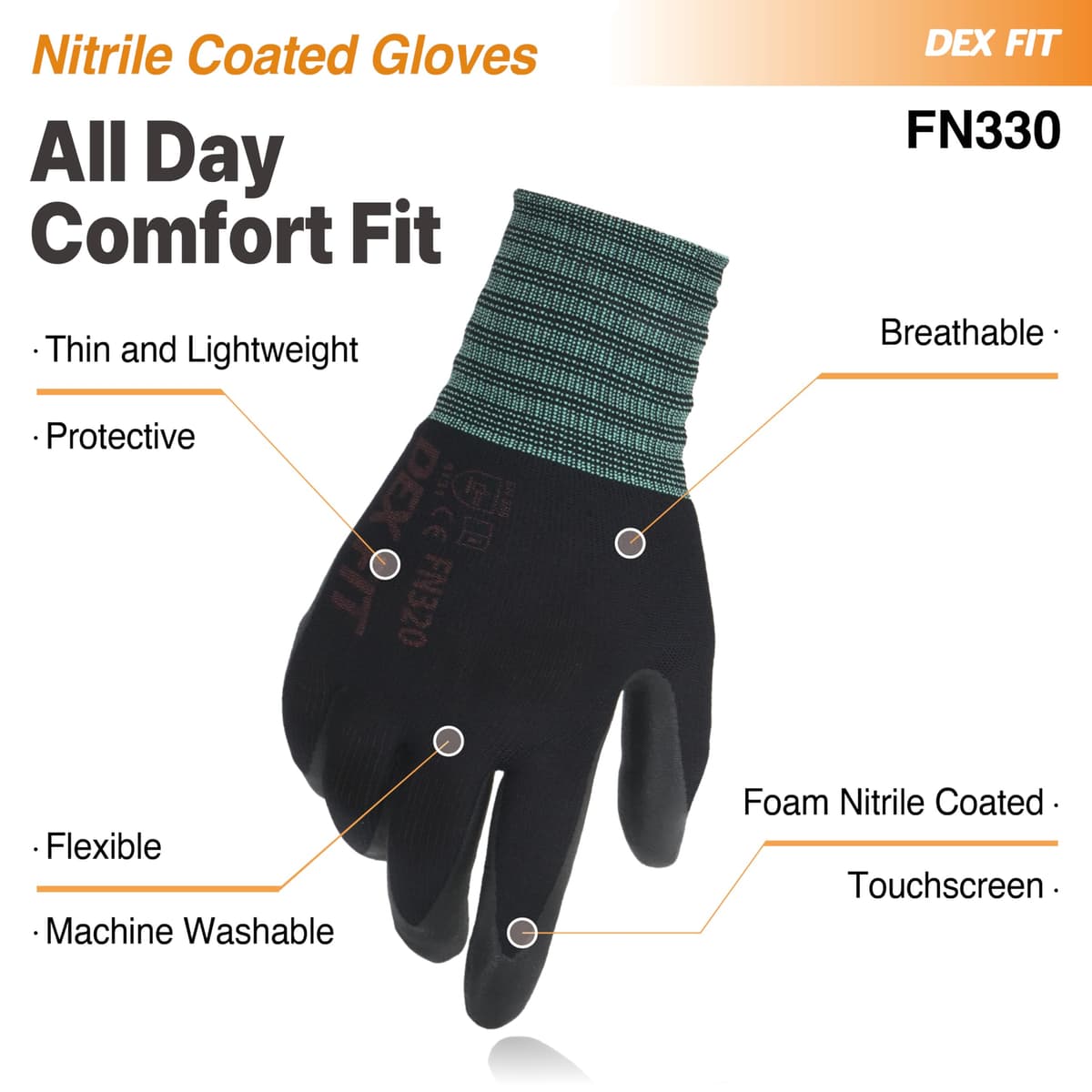 DEX FIT Guantes de Trabajo FN330, Ajuste Cómodo Elástico 3D, Buen Agarre, Recubrimiento de Espuma Duradero de Nitrilo, Táctil, Fino y Ligero, Lavable en la Lavadora — view 4